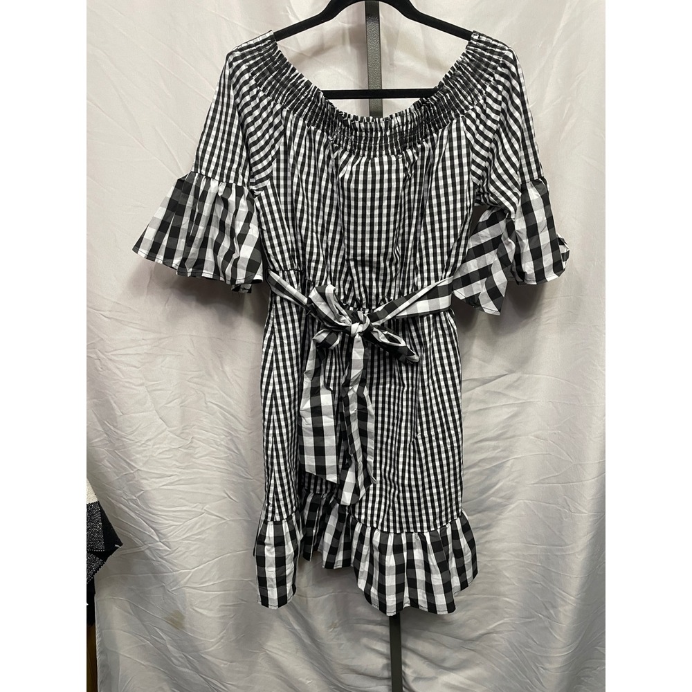 NY and Company Womens Black White Gingham Off Shoulder Ruffle Sleeve Dress XL